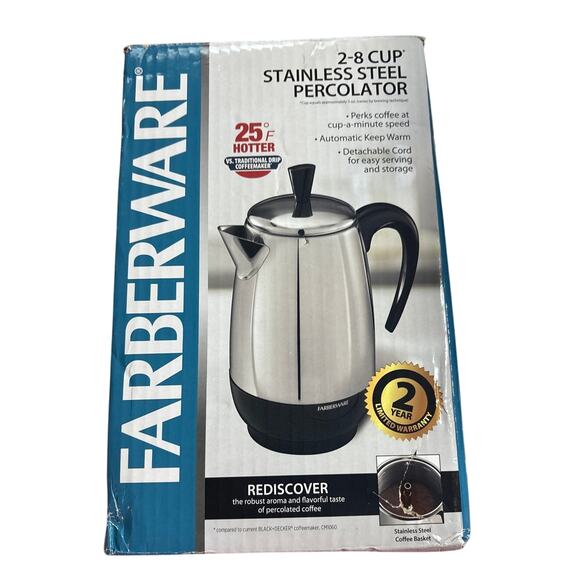 Farberware Electric Coffee Percolator, Stainless Steel Basket, 8 Cup NEW - Picture 1 of 8